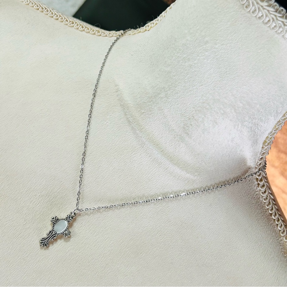 Handcrafted vintage filigree mother of pearl cross pendant on chain necklace